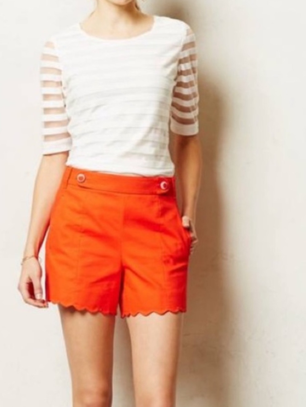 Anthropologie Cartonnier Scallop Hem Sailor Shorts Orange Red Size 6